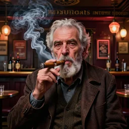 a intricately detailed portrait of an old man smoking a lit cigar in an irish pub with a neon bar, smoke rising like clouds, balanced, symmetrical, super resolution, trending on art station, volumetric lighting & shadows, hyper detailed, digital art, unreal engine, in the style of a escher, 4 0 0 mm f 1. 8,
