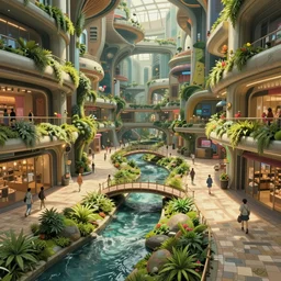 an optimistic futuristic pedestrian mall with landscaped streams, idyllic crossing bridges and pop motifs, by ghibli, also cannabis