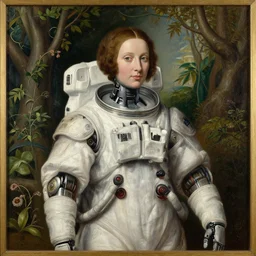 1 4 0 0 s renaissance portrait of an android woman astronaut in formal medieval garden, with oil painting by jan van eyck, northern renaissance art, oil on canvas, wet - on - wet technique, realistic, expressive emotions, intricate textures, illusionistic detail