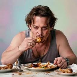 ( hyperrealistic portrait of fat extremely overweight johnny depp eating chicken, on a filthy table filled with dirty plates ) greasy, tired, red eyes, by noah bradley, photorealistic, dynamic lighting, very detailed faces, trending on artstation, wallpaper, dream, 4 k, award winning, lovely pastel colors, ethereal, elegant
