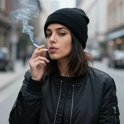 portrait of a mixed woman smoking a cigarette, black beanie, black bomber jacket, urban environment, depth of field