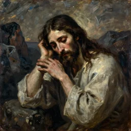 portrait of jesus christ, russian painting, by Ilya Repin, realist, russian impressionism, melancholic, desaturated colors, moody, suffering, somber, rocky scenery in background