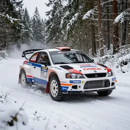 wrc rally style - a 2 0 0 2 mine's skyline, racing through a rally stage in a snowy forest