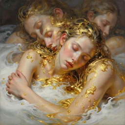 3 d, close - up, boiling liquid gold and white water, sleepy fashion model, poster art, high detail, intricate oil painting, multiple exposure, hell mood, hyperrealism, 3 d, by tooth wu and wlop and beeple and greg rutkowski