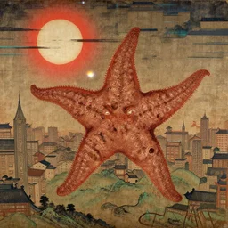 a goryeo era buddhist painting of a kaiju starfish creature, monster over cityscape, sun behind, glitchy compression, mirror flare