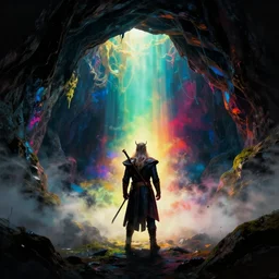 a beautiful artwork illustration, odin exploring a dark magical cave, volumetric fog, godrays, high contrast, high contrast, high contrast, vibrant colors, vivid colors, high saturation, by Greg Rutkowski and Jesper Ejsing and Raymond Swanland, featured on artstation, wide angle, vertical orientation