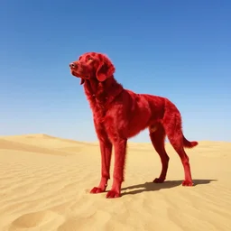 sunny karst desert wide shot, blue skies, crimson hound dog beast, fantasy concept art by ruan jia