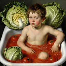 a 9 0 year old boy sitting in a tub full of tomato sauce, a lot of cabbage, by giuseppe arcimboldo and ambrosius benson, renaissance, portrait, fruit, intricate and intense oil paint, realistic