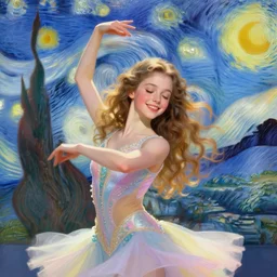 portrait of a beautiful girl, eyes closed, smiling, dancing, vibrant pastel colors, beautiful face, rule of thirds, intricate outfit, spotlight, by greg rutkowski, by jeremy mann, by francoise nielly, by van gogh, digital painting
