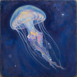cosmic void jellyfish by jeffrey smith and claude monet, oil on canvas