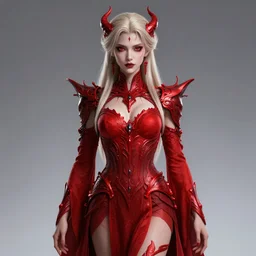 minagho, pathfinder wrath of the righteous, humanoid demon girl, gorgeous beautiful, ornate dashing red garments, red dress, earrings, perfect symmetry intricate, red dress, ashen blonde hair, 8 k resolution, volumetric lighting, trending on art station, magic realism, octane rendering, unreal engine