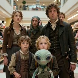 sharp, highly detailed, film from a 2 0 1 9 sci fi 8 k movie, a family of four humans and their pet cute alien from 1 8 6 0 travel in time to 2 0 1 9, suddenly appearing in a shopping mall, looking confused, family wearing 1 8 6 0 s clothes, atmospheric lighting, in focus, reflective eyes, 3 5 mm macro lens, live action, nice composition