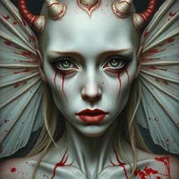a hyper realistic portrait of a albino fairy queen from hell, eyes full of pain, sad expression, beautiful symmetrical face, award winning painting, brush splashes of blood, artwork by chiara bautista and beksinski and norman rockwell and greg rutkowski, tom bagshaw weta studio, and lucasfilm