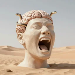 A disembodied head screaming, the top half is missing and the brain is visible, snakes slither from the opening, desert background, oil painting, surrealism art, painted by Vincent van Gogh