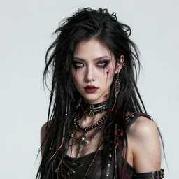 highly detailed portrait of wasteland punk long caustic poison hair tribal lady, stray wiring by atey ghailan, james gilleard, by joe fenton, by greg rutkowski, by greg tocchini, by kaethe butcher, 4 k resolution, gradient green, purple, black and white color scheme!!! ( ( green flaming robotic sewer background ) )