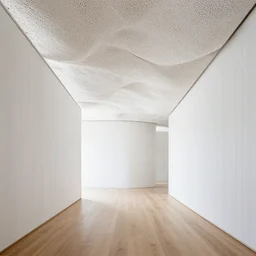 white architectural interior clad in wooden walls, wooden floor, and an white coloured organic, porous, interwoven ceiling made of white concrete.
