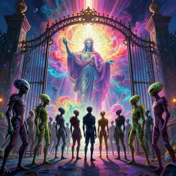 [ palate ] [ vibrant colors ] alien souls congregating and waiting in line at a giant iron gate, vibrant neon nebulous clouds, radiant light rays, photorealistic illustration, intricate and fine details, volumetric lighting, artstation, god figure at the gate