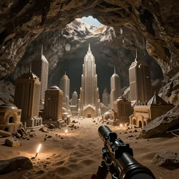 The remnants of a city with tall buildings built by an advanced civilization that crumbled after an apocalyptic event. It is found in the dark depths of a sand cavern, lit by light sticks on the ground, seen from the ceiling of the cavern, first person game, POV, octane render, 8k, unreal engine