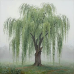 a painting of a big willow tree in the fog by Atey Ghailan