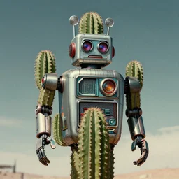 extreme wide shot of 1950s retro cactus robot, with space above the head. Bionic Arms and eyes. pop surrealism, muted colours. by Jean-Baptiste Monge, wide shot