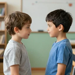 two boys in kindergarten trying to measure masculinity of each other, realistic photo