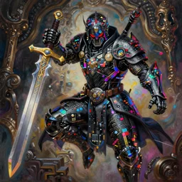 Painting of an omnipotent floating powerful iridescent warrior lord wearing black armor encrusted in tiny iridescent microchips and transistors and iridescent cybernetic processors, extreme detail, artstation, high focal lens, brandishing a powerful sword, colorful vivid octane render, award winning artwork on artstation, realistic complex baroque moody composition