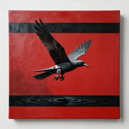 canvas coated with red paint, black stripes, mechanical bird flying out of water, matte paint, alberto seveso