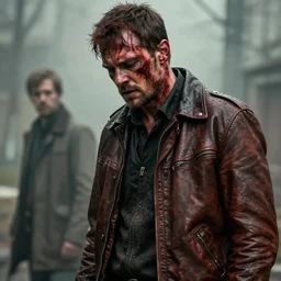 a bloody and beaten man in a brown leather jacket in the style of of true detective. art by tomasz alen kopera and glenn fabry.
