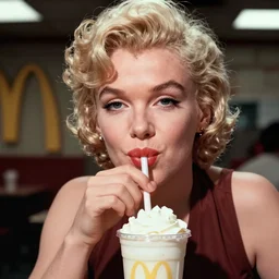 film still of marilyn monroe drinking a milkshake in mcdonalds, focus on faces, cinematic lighting, unreal engine, steve mccurry, volumetric lighting.....