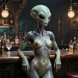 beautiful alien girl ( accurate body details ) in an alien bar, ultra hd render, artstation, digital art, cinematic lighting, immensely detailed, dramatic lighting, octane 3 d render