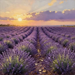 lavender field, highly detailed, oil painting, golden hour by rembrandt van rijn