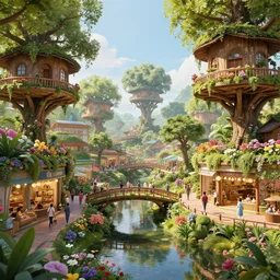 a beautiful nature civilization, fancy, flowers, bridges, malls, shops, nature city, people, tree houses, wet reflections, unreal engine 5, octane, smooth, ray tracing, hyper detailed, hyper realism, fantasy, trending on artstation, behance, deviantart