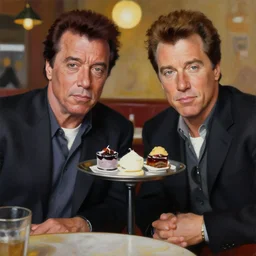 painting pulp fiction movie highly detailed full - body samuel l jackson and john travolta posing in cafe, perfect symmetrical eyes, by david lynch, 8 k resolution, digital art, hyper realistic