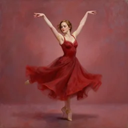 emma stone dancing with emma watson, soft red lights full body portrait, 8 k oil painting,