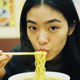 close up of face of female asian fashion model, at noodles fastfood in in tokio, photo by ellen von unwerth, analog, grainy, yellow, highly detailed