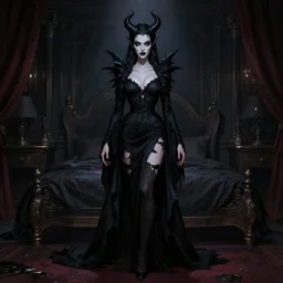 gorgeous taissa farmiga evil demon, full body shot, torn black dress, spooky, illustration, symmetrical face realistic eyes, cinematic lighting, artgerm, hyperdetailed, charlie bowater, peter mohrbacher, beautiful, elegant, dark bedroom