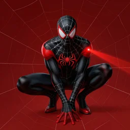 spider-man wearing his black symbiote costume, red webs shooting from his eye sockets and finger tips, crouching in the center of a red web, by artgem and rossdraws, artstation