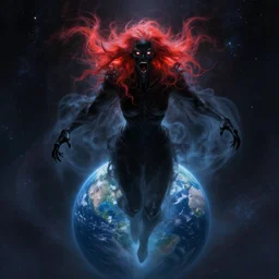 A ghostly presence floats through the universe, the destroyer of worlds reaches for earth as the void screams, glowing eyes, infrared hair, pitch black skin, highly detailed, digital painting, artstation, concept art, 8K, art by George Lukas.