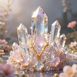 shimmering crystal city made of diamond and rose quartz with gold decoration, sparkling in the sunlight, surrounded by flowers. trending on artstation, by anton fadeev.
