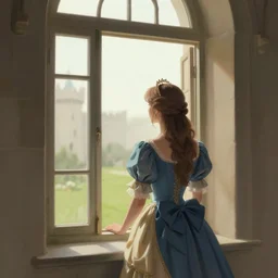 a woman in an open dress royal dress looking out a castle window, ArtStation trending, detailed, digital art, calm colors,