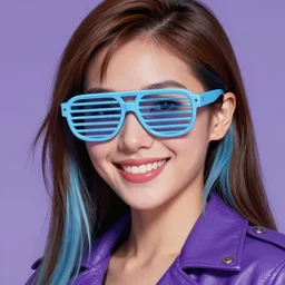 closeup painting of a very beautiful young mexican cyberpunk woman with a smile, wearing light blue shades that have horizontal slats similar to window shutters, and a purple coloured leather jacket, one side haircut, long brown hair with light blue ends, portrait, hyperdetailed, artstation, cgsociety, synthwave by tangerine dream, by jean - michel jarre, by vangelis, by john carpenter