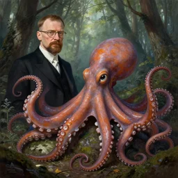 photo of vladimir lenin walter white and octopus hybrid with tentacles in the forest, highly detailed, digital painting, artstation, smooth, sharp focus, illustration, art by artgerm and greg rutkowski and alphonse mucha