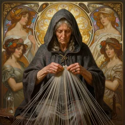 old hooded woman weaving the strings of the multiverse, dramatic, highly detailed, high quality, 8 k, 4 k, octane render, digital painting, alena aenami, lilia alvarado, shinji aramaki, karol bak, alphonse mucha, tom bagshaw