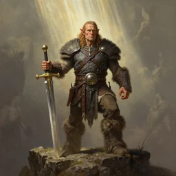 an ultradetailed portrait of robin williams dressed as an orc barbarian, standing heroically on top of a cliff, d & d, fantasy, intricate, elegant, highly detailed, digital painting, matte, sharp focus, illustration, giant bone cleaving sword, god rays, art by john collier and albert aublet and krenz cushart and artem demura and alphonse mucha