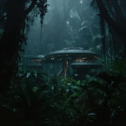 a dark research outpost in a lush foggy jungle at night, screenshot from a sci - fi film, 1 9 8 0 s, film still, dark science fiction atmosphere, incredible alien vegetation, futuristic research outpost, ridley scott