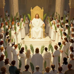 many people from all countries, and of all races, languages ​​and peoples. There were so many that no one could count them! They were standing before the throne and the Lamb, dressed in white clothes. In their hands they carried palm branches, digital Art, Greg rutkowski, Trending cinematographic artstation