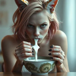 scarlett johansson as a catgirl drinking milk from a bowl, by fiona staples and dustin nguyen, peter elson, alan bean, wangechi mutu, sharp focus, photography, unreal engine, trending on artstation, photorealistic, octane, trending on deviantart