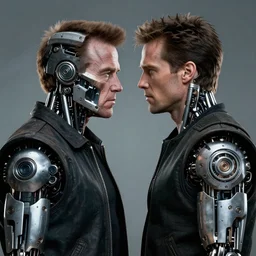 a rugged engineer schwarzenegger with cybernetic enhancements fighting against the young john connor, terminator t 8 0 0, scifi character portrait by greg rutkowski, esuthio, craig mullins, 1 / 4 headshot, cinematic lighting, dystopian scifi gear, gloomy, profile picture, mechanical, half robot, implants, steampunk
