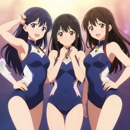 unbelievably beautiful, perfect, epic 8 k hd anime shot, three j - pop idols av actresses in japanese girl band, posing together in leotards. soft volumetric light. by amagaitaro, makoto shinkai, krenz cushart, asao urata, pixiv