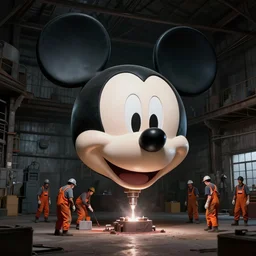 a giant mickey mouse head beign drilled by a workers wearing orange coveralls inside of a dark old warehouse, art by beeple and wlop, digital art, trending on artstation